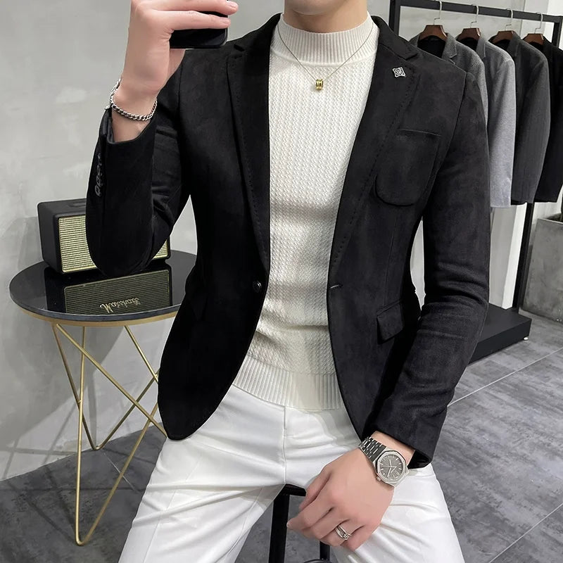 Jaqueta Masculina De Couro de Cervo com Forro de Lã Terno Blazer Masculino Negócios Casual Slim Fit Marca Moda Alta Qualidade Terno de Um Botão