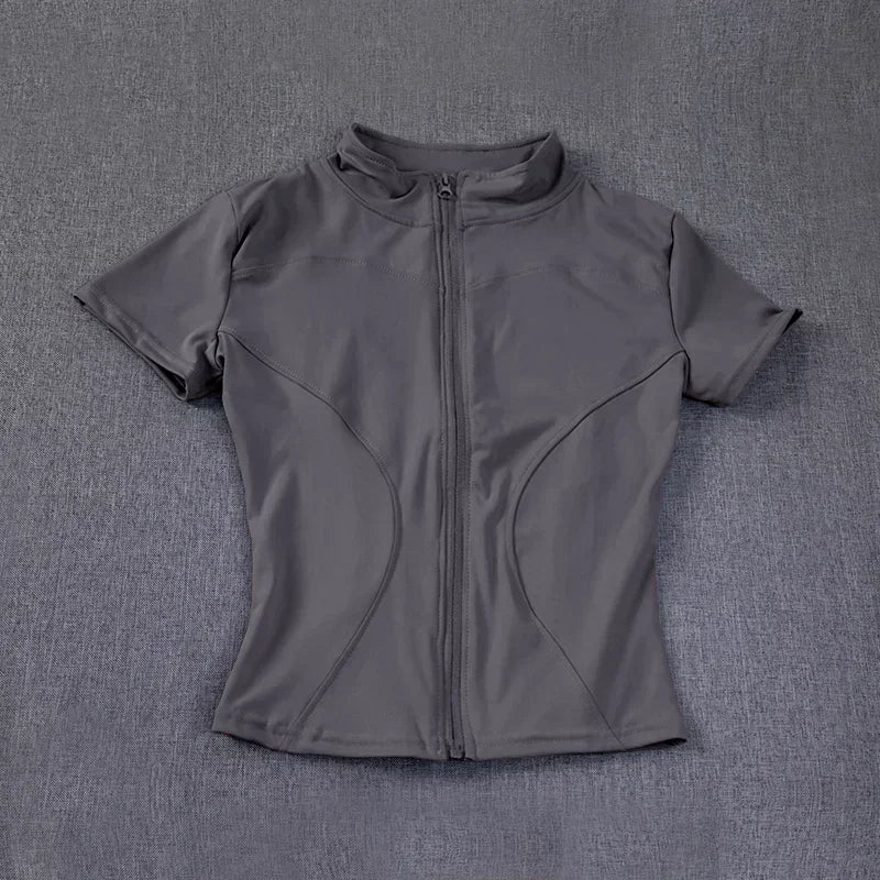 Verão de Alta Qualidade Modelador de Cintura Tops de Treino Feminino de Secagem Rápida Justo Gola Alta Zíper Completo Manga Curta Camisas de Yoga