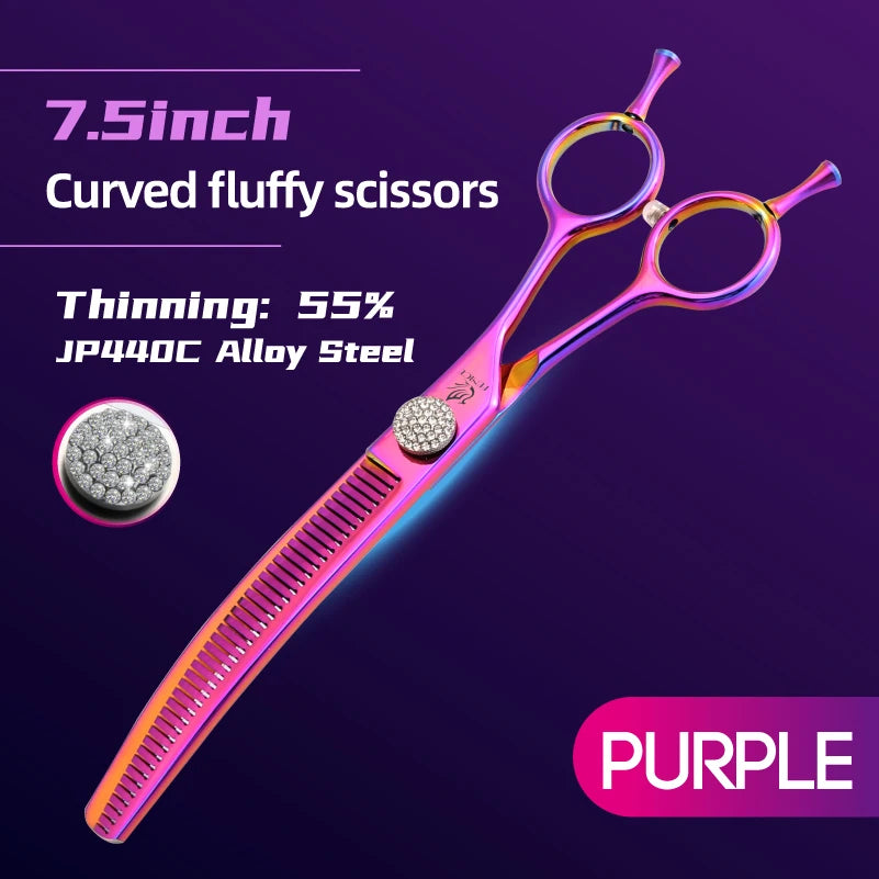 Tesoura de Grooming Fenice com Parafuso de Diamante 7.25 Polegadas Profissional Curva Chunker Tesoura de Desbaste para Pet Beautician