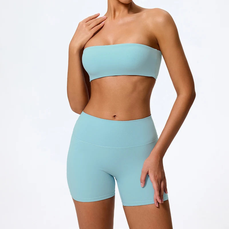 Conjunto Fitness Duas Peças Verão Esportivo Feminino Roupa de Treino Yoga Sutiã Tomara que Caia Feminino 2 Peças Top Curto para Academia Esportivos Mujer Conjuntos de Ginástica