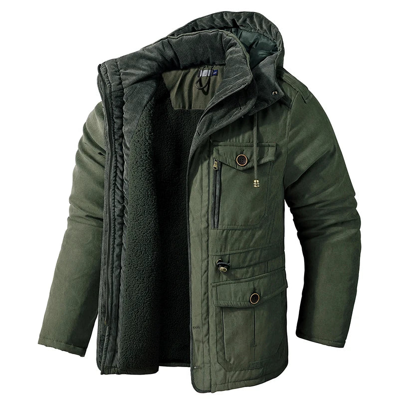 Parkas Masculinas Grossas Jaqueta Quente de Inverno Casaco de Lã com Cashmere Militar ao Ar Livre Acolchoado de Algodão Quebra-Vento Masculino Agasalho com Capuz