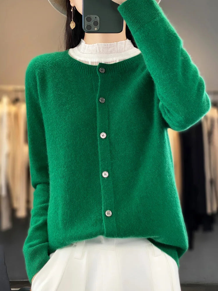 Long Sleeve 100 Merino Wool Sweaters Spring Autumn Women O Neck Knitwear Tops Clothing Fashion Basic Tops - SKY BLUE M