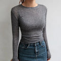 Camiseta Básica Lisa de Alta Qualidade Feminina Algodão Elástico Camisetas Básicas Femininas Casual Tops Manga Longa Sexy Camiseta Fina Transparente - CINZA G