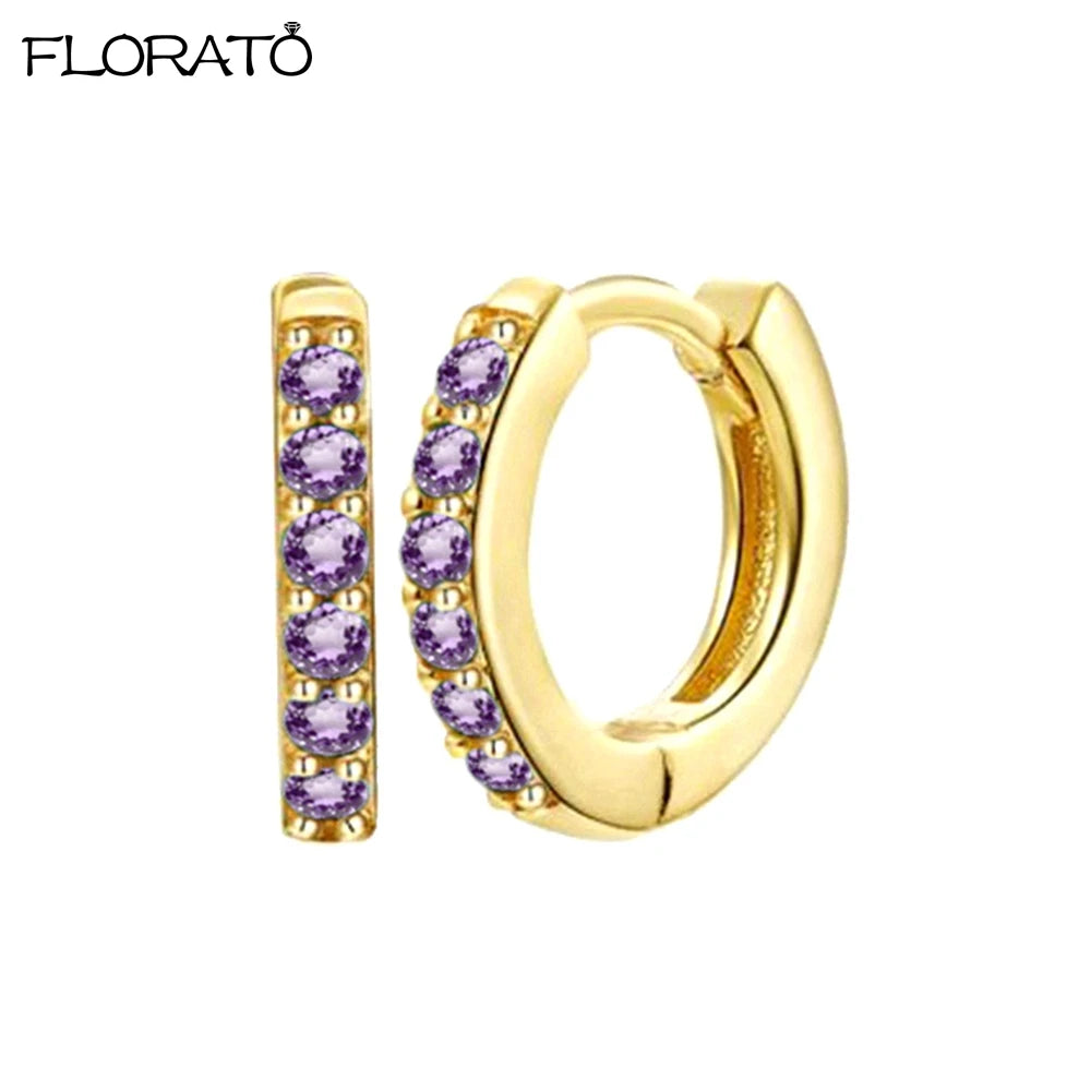 Brincos de Argola Pequenos de Prata 925 com Agulha de Cristal de 9mm para Mulheres Brincos Huggie Minimalistas Brincos de Piercing com Zircônia Colorida Joias