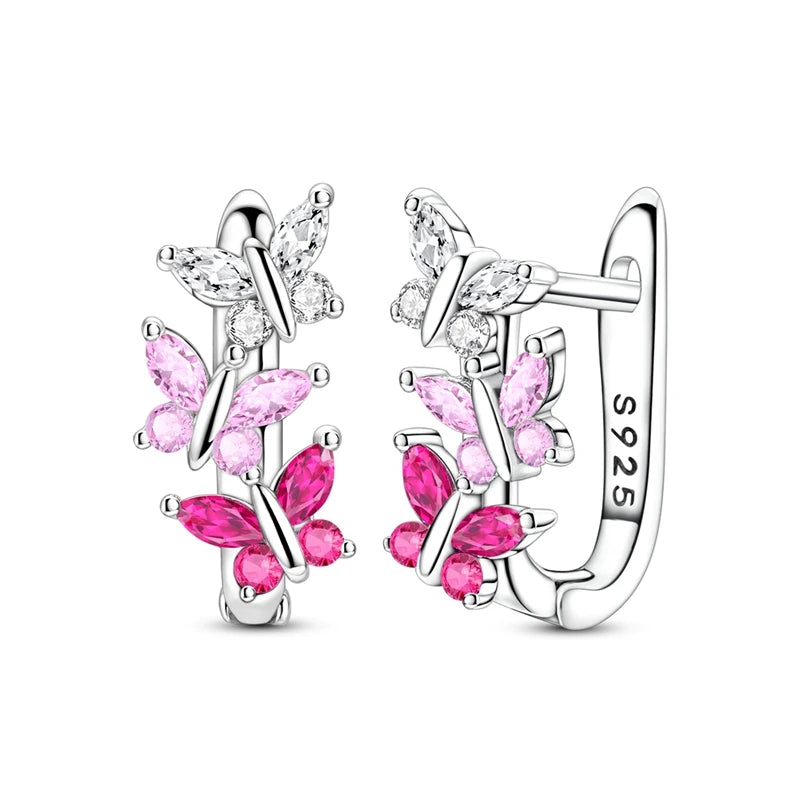 Lucky Clover Earrings 925 Silver Original Zircon Butterfly Dragonfly Chameleons Bee Flower Earrings For Women Jewelry Gift