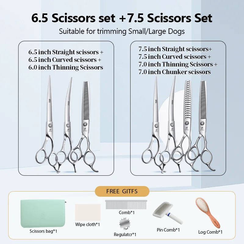 Conjunto Profissional de Tosas Domésticas para Animais de Estimação Fenice Tesouras Retas Curvas de Desbaste e Tosa de 6/6,5/7/7,5 Polegadas com Parafuso de Rolamento para Cães/Gatos