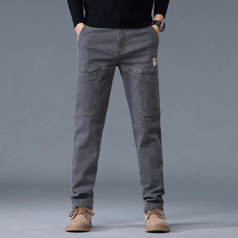 Calça Jeans Masculina Pequena Reta Estampada Seis Bolsos Casual Confortável