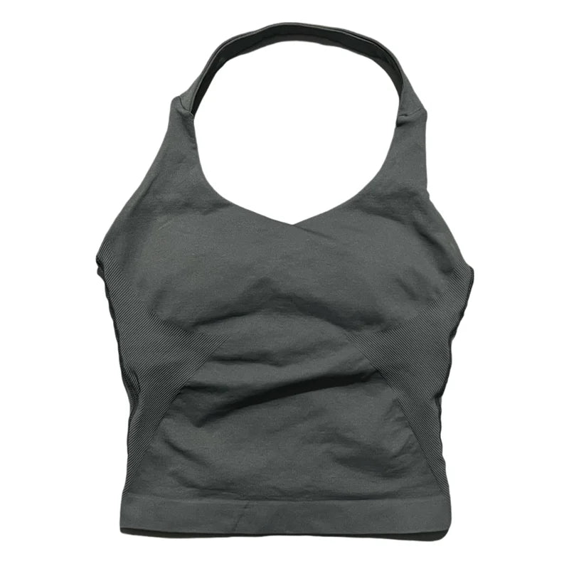 Regata Esportiva Feminina para Academia Sem Costura Yoga com Bojo Removível Top Esportivo Push-up Fitness Treino Corrida