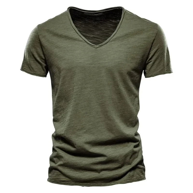 Men's 100% Cotton V-Neck T-Shirt Slim Fit Short Sleeve Fashion Fitness Tee S-5XL