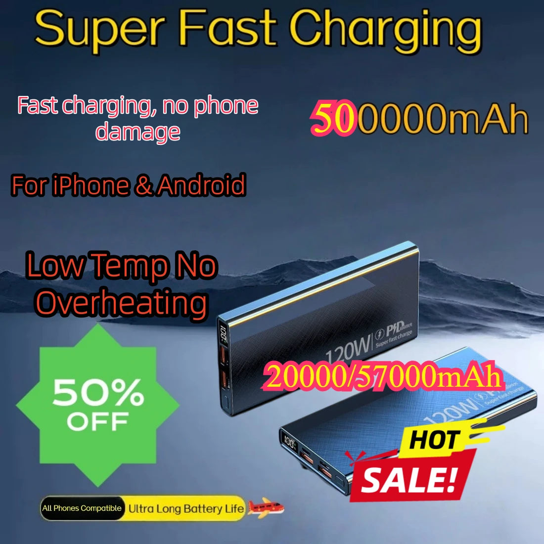 Power Bank 500000mAh 20W Super Fast Charging Portable Digital Display