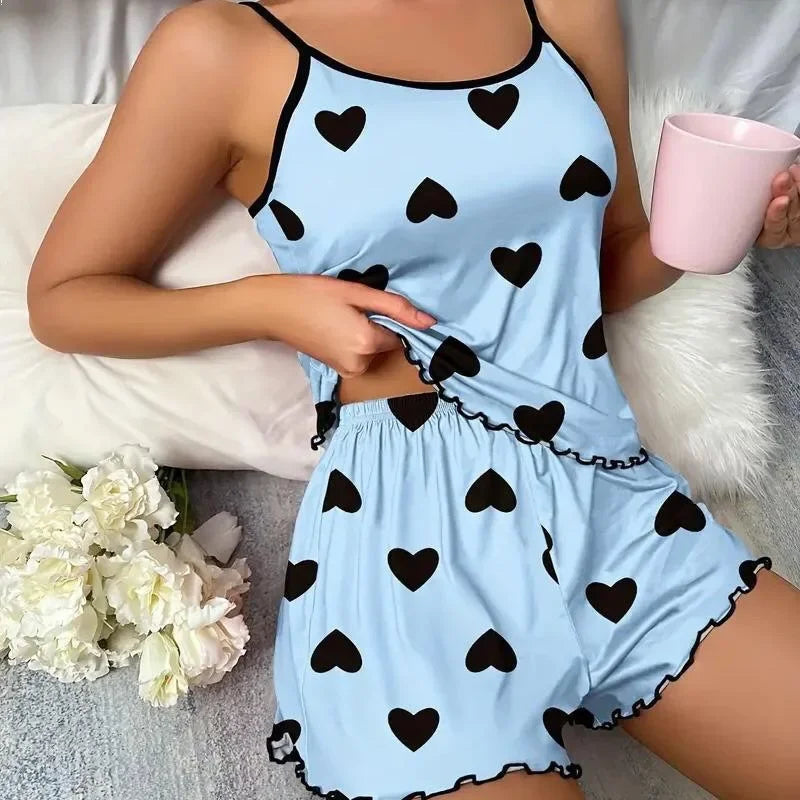 Conjunto de Pijama Feminino de Verão 2 Peças Loungewear Sexy Casual, com Top Curto de Alcinha e Shorts, Traje de Dormir e para Ficar em Casa