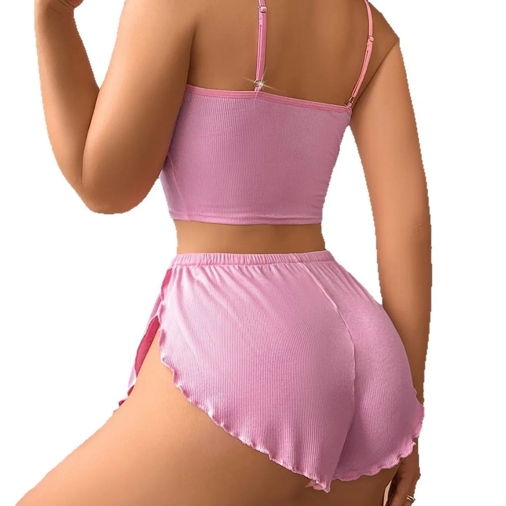 Conjunto de Moletom Feminino Casual para Casa de Duas Peças 2025 Cor Sólida com Renda Shorts & Top Canelado Roupa de Dormir Confortável para Casa