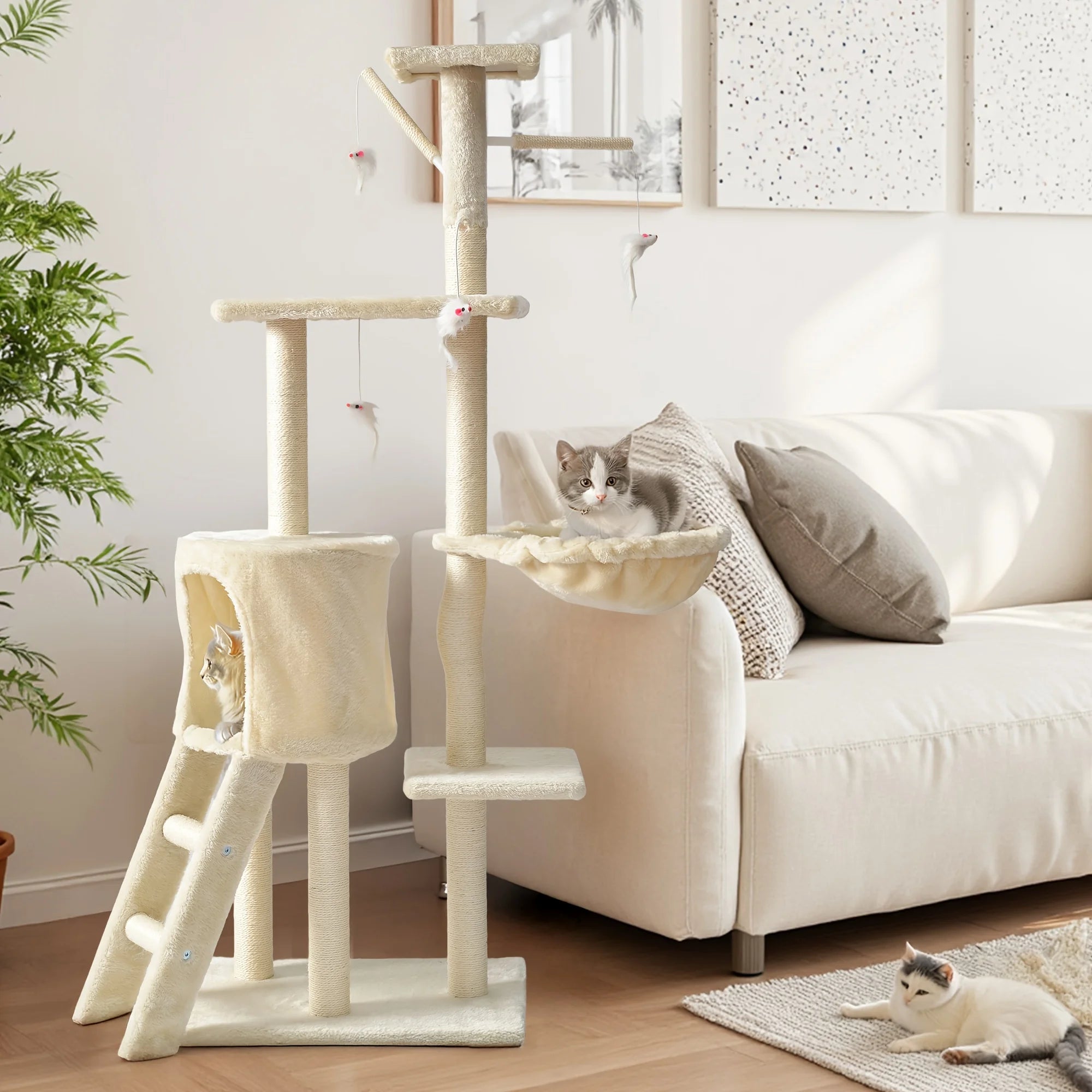 Large Multi-Tier Cat Tree with Cozy Beds Cat House Sisal Wrapped Scratching Post and Teaser Wand for Indoor Cats Small Medium