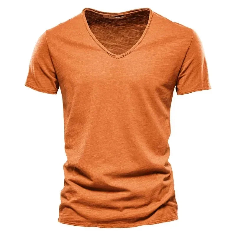 Men's 100% Cotton V-Neck T-Shirt Slim Fit Short Sleeve Fashion Fitness Tee S-5XL