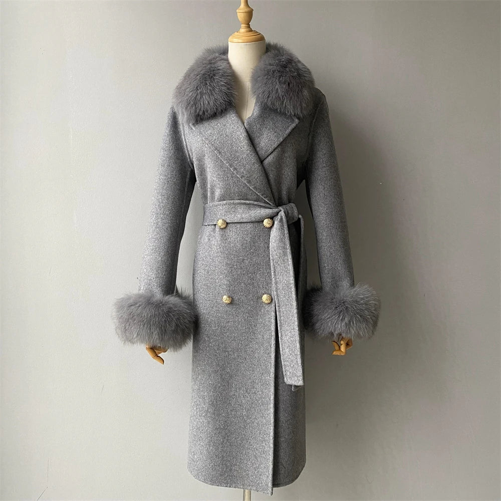 Jxwatcher Cashmere Lã Casaco Primavera Real Fox Colarinho Casaco de Lã de Trincheira Mulheres Inverno Casaco Quente Venda Longo Estilo Casacos de Lã
