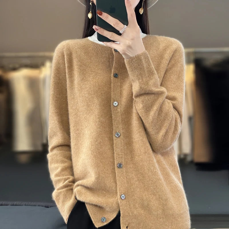 Cardigã Feminino de Lã Merino 100% Cashmere, Suéter para Outono Inverno, Gola Redonda, Manga Longa, Malha Feminina, Roupas Básicas, Blusas - Shumei XXL