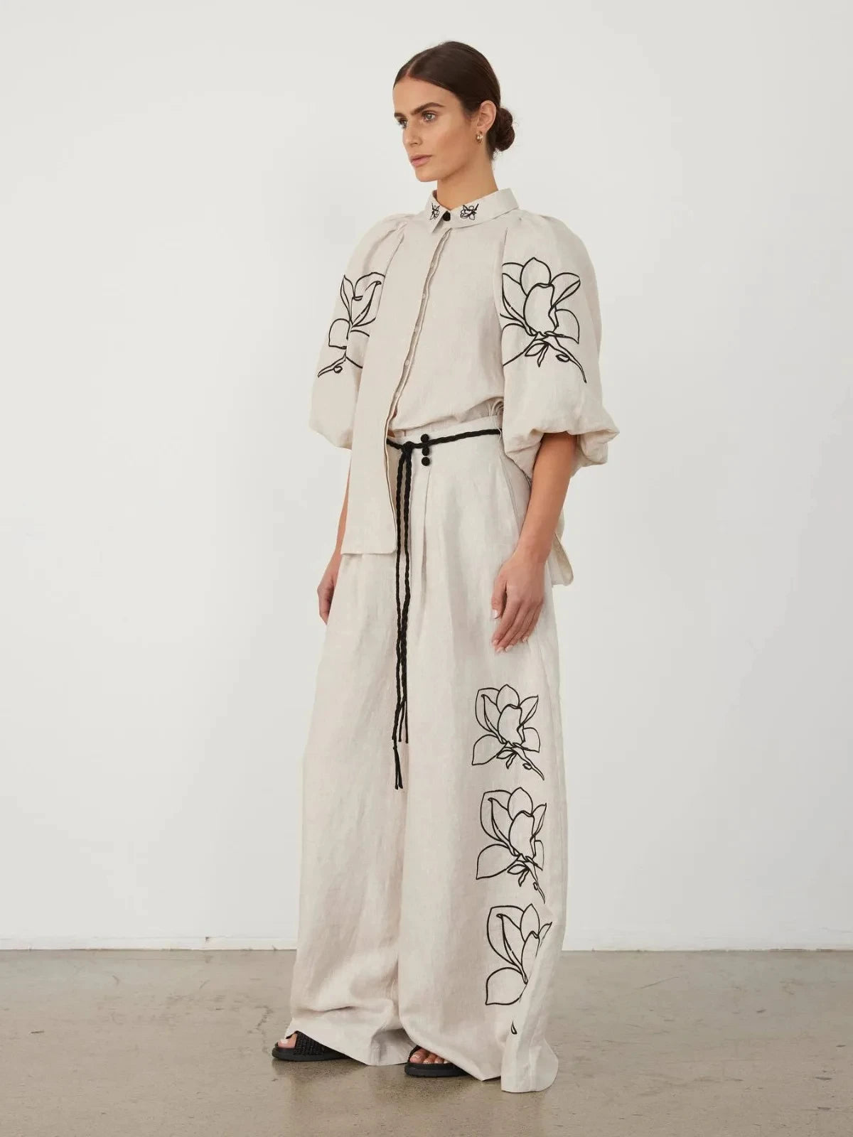 Conjuntos Femininos de Lounge Algodão Linho Gola Alta Manga Lanterna Solta Tops Florais Calças Largas Oversize Terno Casual Roupa Feminina