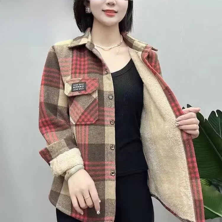 Thickened Fleece Womens Plaid Shirt Casual Loose Outerwear Autumn Winter Warmth Regular Sleeve Long Collar China Brand 1 - Xl [recommended 40-55kg ] [thick model] chidori card grid
