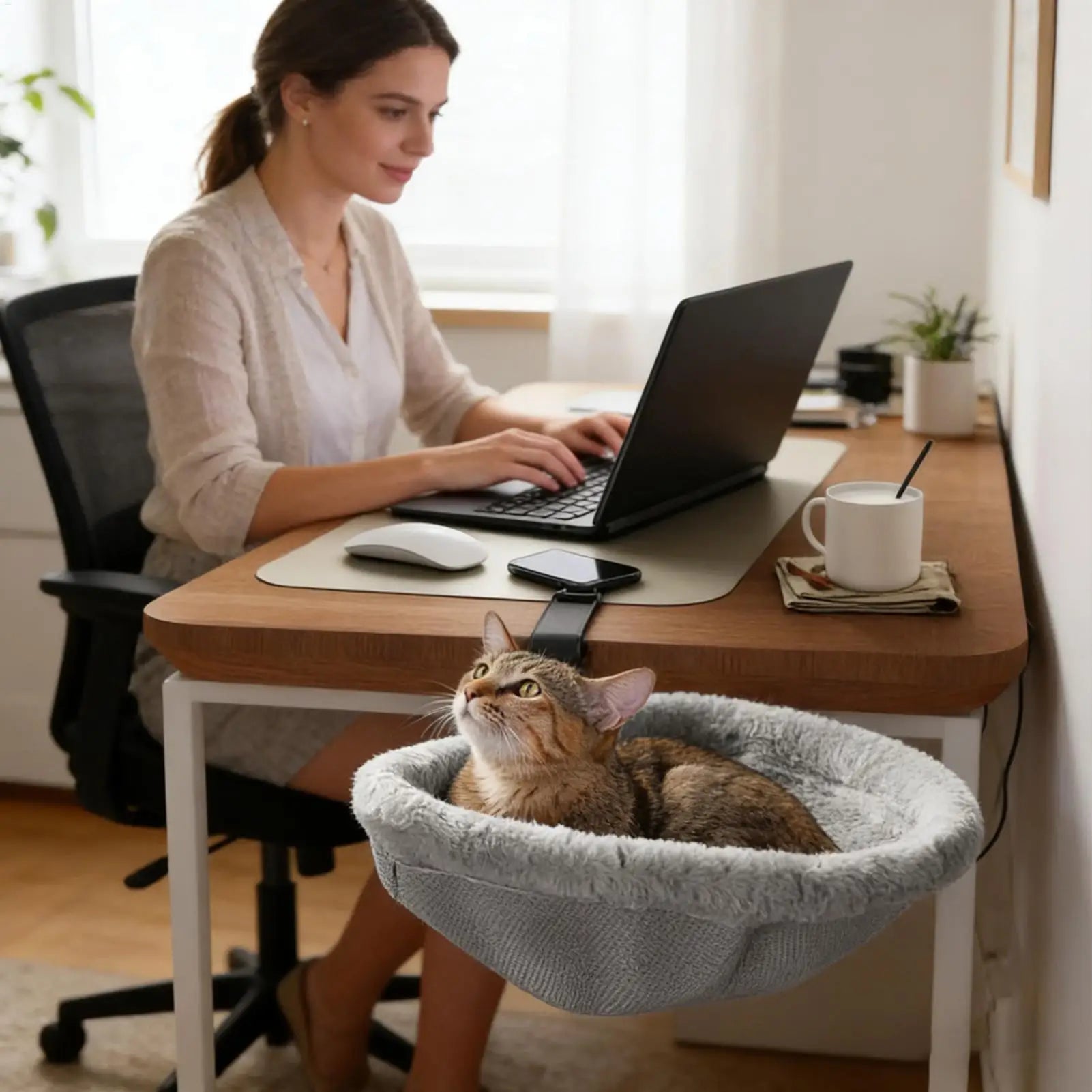 Cat Desk Bed Space Saving Foldable Perch Soft Plush Kitten Hammock Breathable Mesh Indoor Home Office Furniture