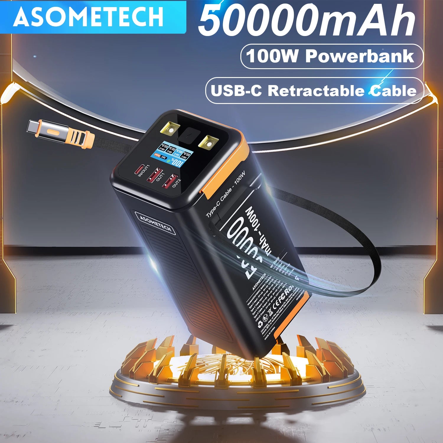 Power Bank 50000mAh 100W Super Fast Charging Portable Retractable Cable