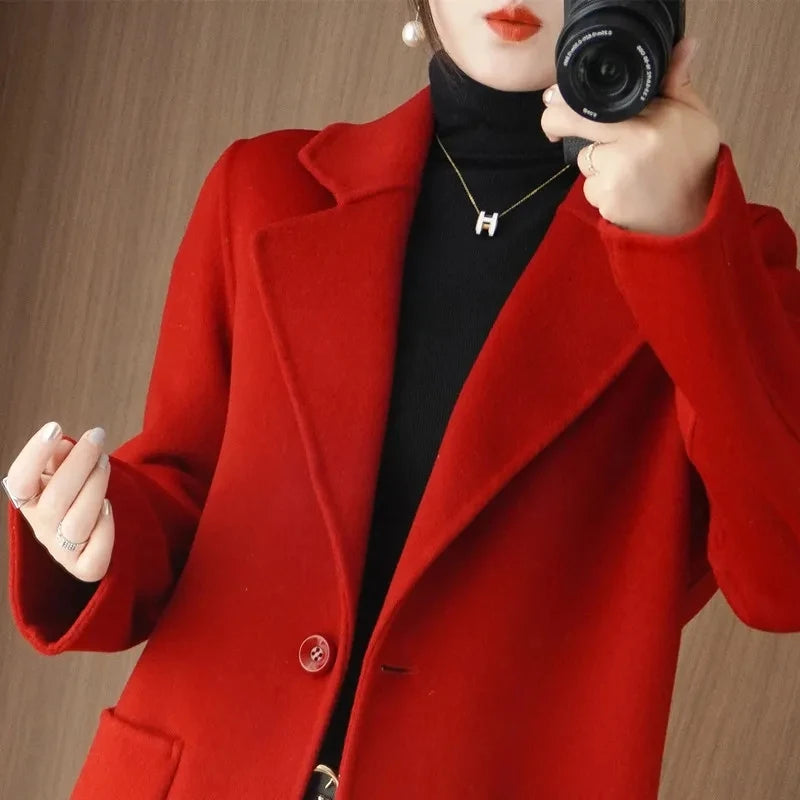 Jaqueta Feminina Casaco De Lã Cashmere Dupla Face 100% Pura Lã Outono Inverno Novo Casaco Corta-Vento De Lã Slim De Um Botão De Comprimento Médio