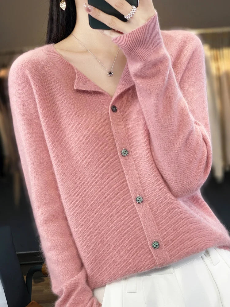 Suéteres Femininos de Manga Longa 100% Lã Merino Primavera Outono Gola O Tricô Blusas Roupas Moda Básica - AZUL CÉU M