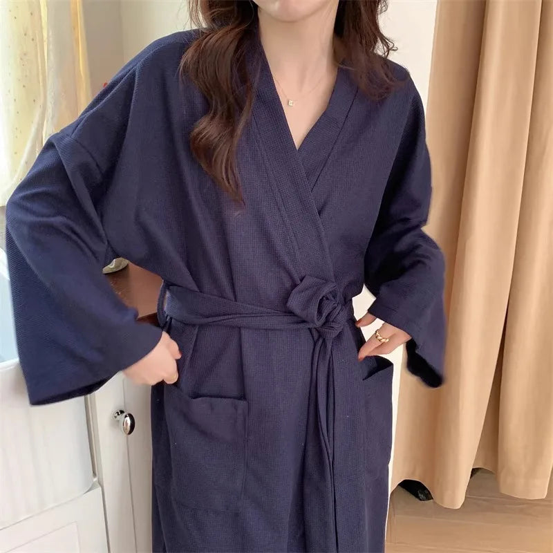 Robe luxuoso com textura Waffle: Robe feminino de manga longa, verão, roupa de dormir, camisola, roupa de dormir