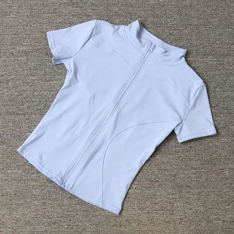 Verão de Alta Qualidade Modelador de Cintura Tops de Treino Feminino de Secagem Rápida Justo Gola Alta Zíper Completo Manga Curta Camisas de Yoga