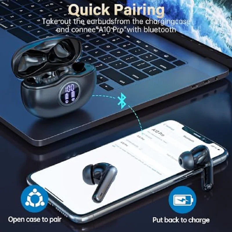 Fones de ouvido Bluetooth 5.3 com 50H de reprodução, display LED, fones de ouvido sem fio, cancelamento de ruído ENC, estéreo HiFi, IPX7 à prova d'água, fones de ouvido esportivos