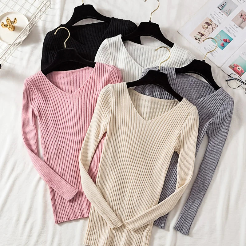 Outono Inverno Mulheres Suéteres Casuais Manga Longa Tricô Gola V Pulôver Suéter Feminino Básico Sólido Jersey Tops Roupas da Moda