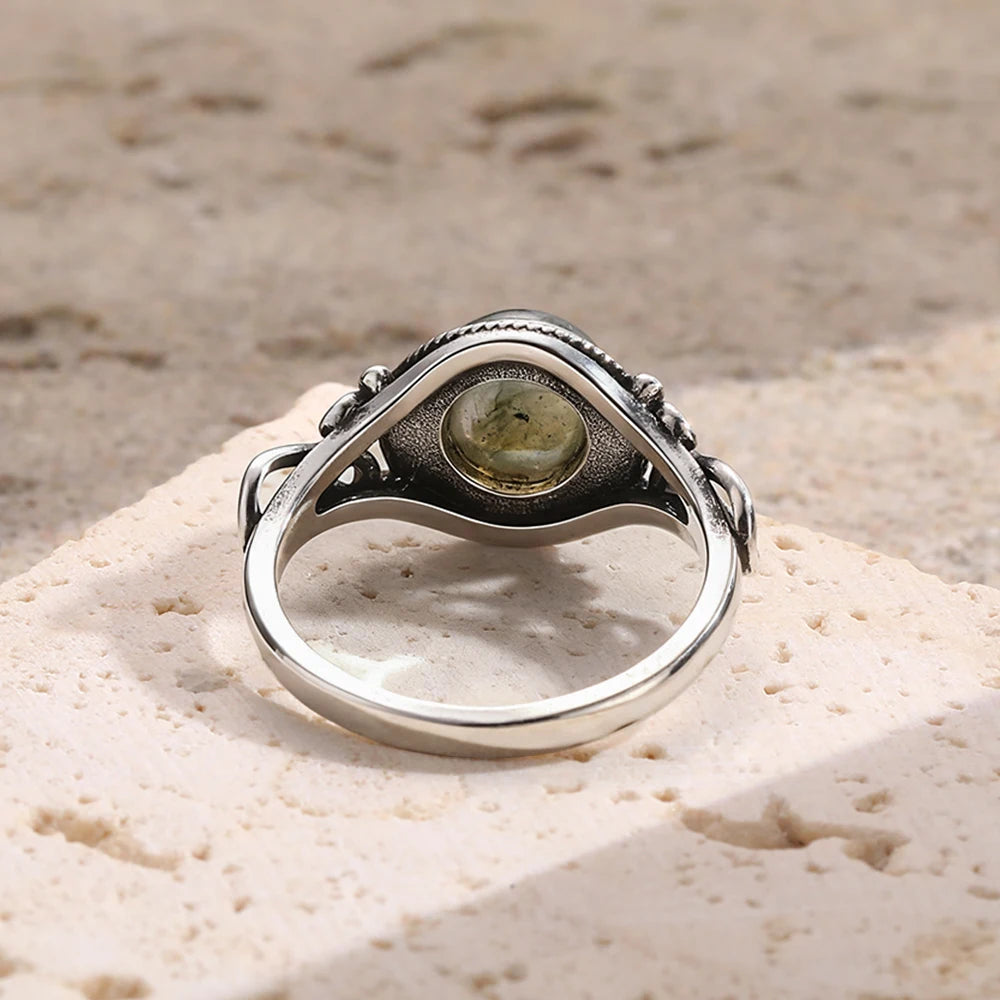 Anel Vintage de Prata Esterlina 925 com Pedra Labradorita Natural Redonda de 8MM Forte Brilho Anel de Pedra Preciosa Presente para Mulheres e Homens