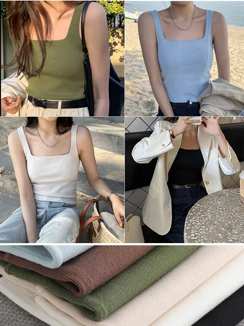 Regata de malha branca de verão com decote U de alta qualidade, chique, básica, feminina, sexy, camiseta sem mangas, top vintage, camiseta casual cropped