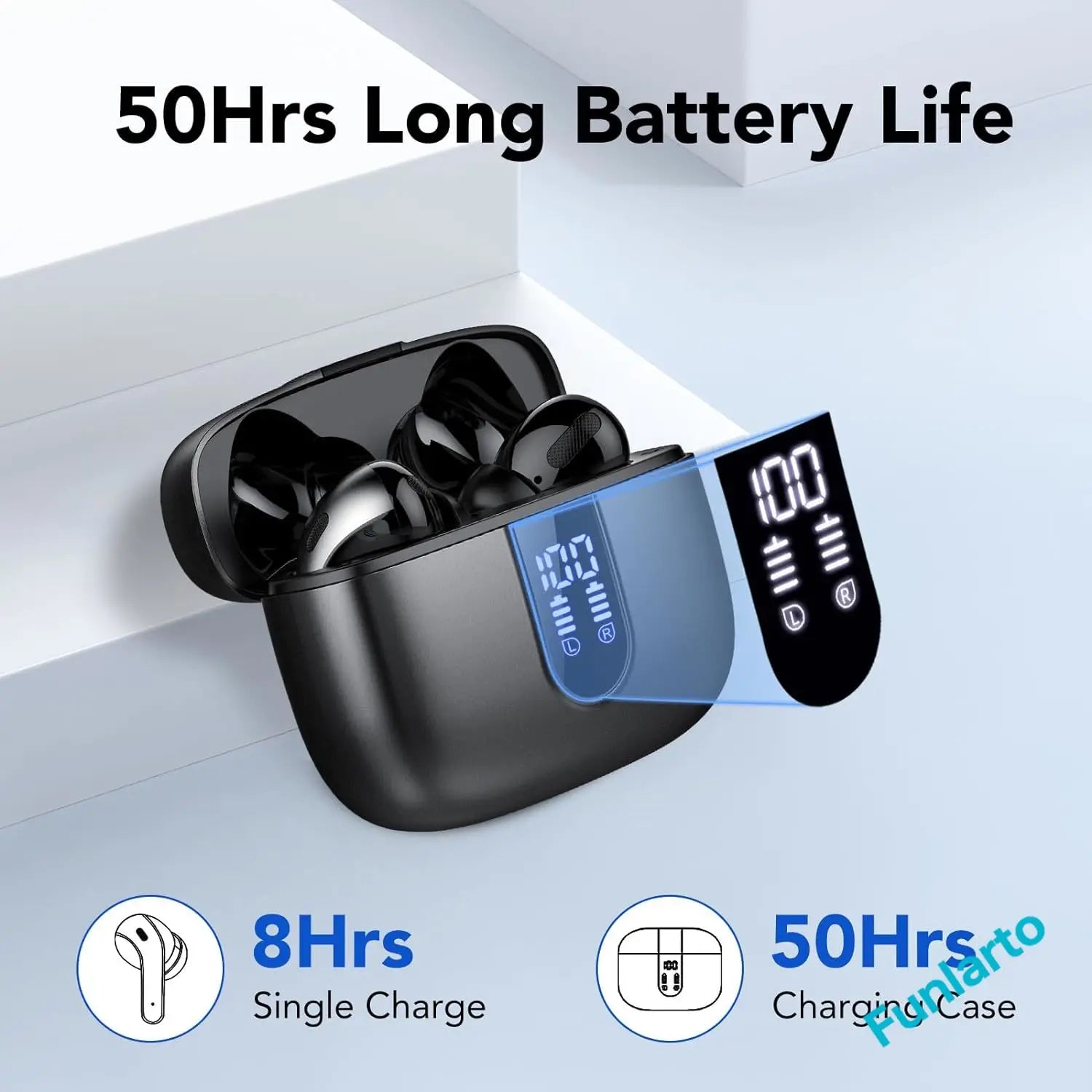 Fones de Ouvido Sem Fio com Bluetooth 5.3, Cancelamento de Ruído ENC com Quatro Microfones para Chamadas, 50H de Reprodução Fones de Ouvido Bluetooth