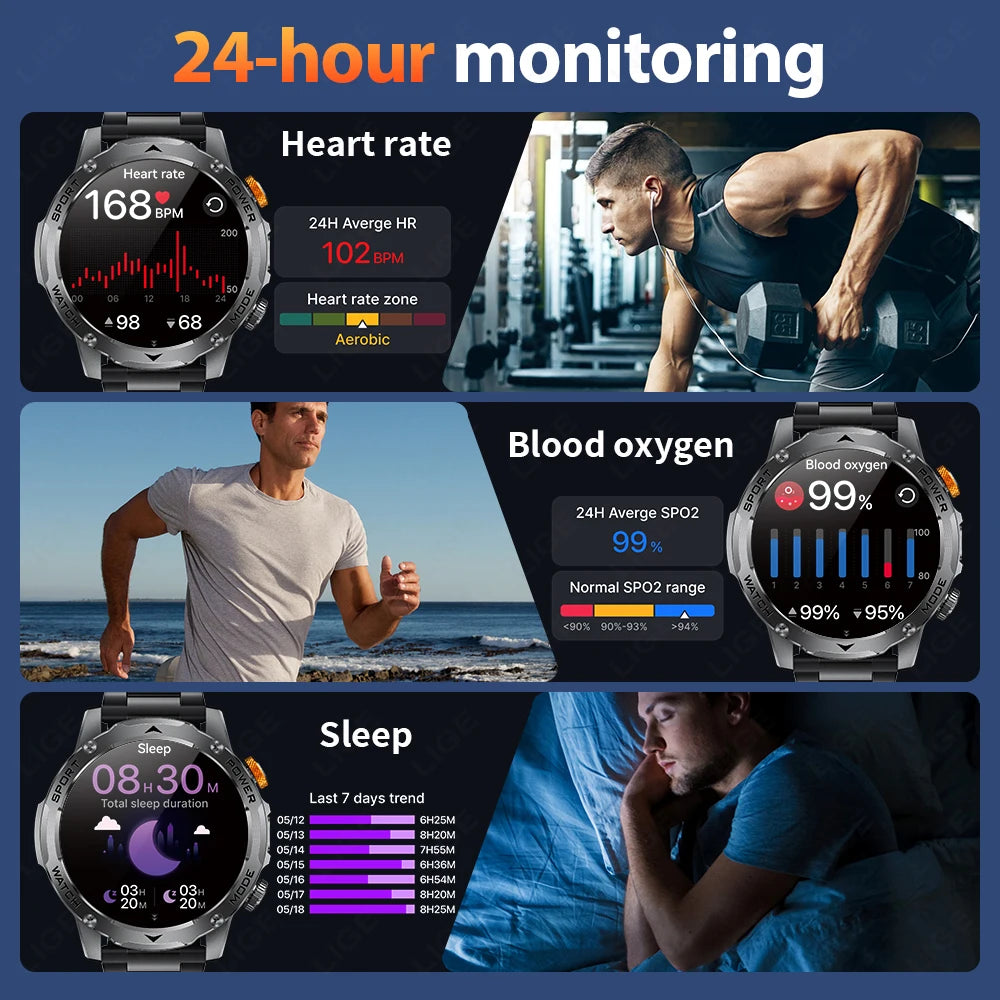 LIGE Smart Watch 1000mAh Bluetooth Call Flashlight Waterproof