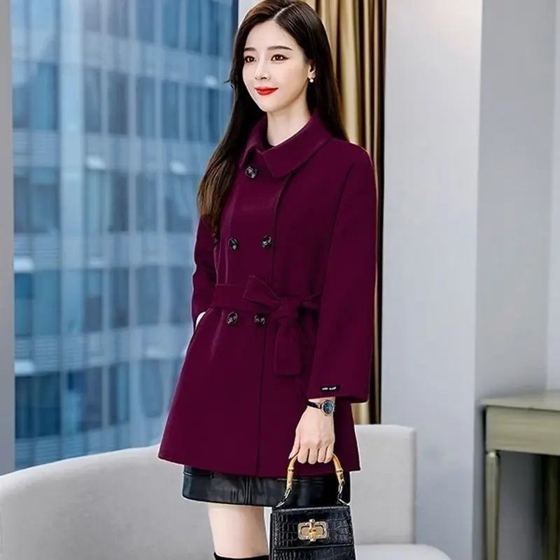 Casaco Feminino de Lã para Outono Inverno Novo Casaco Casual com Cinto Dupla Carreira Acinturado de Lã Quebra-Vento Outwear