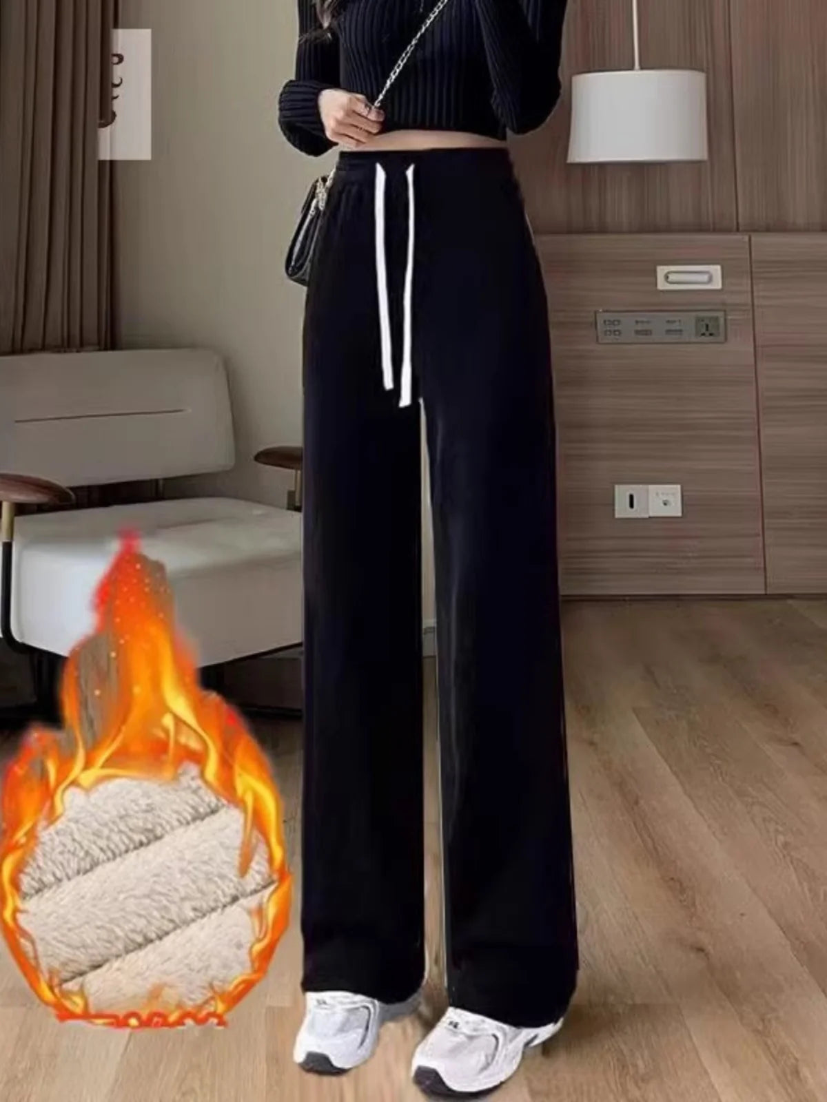 Calça Feminina de Cintura Alta com Perna Larga, Outono Inverno, Veludo Cotelê Forrado com Fleece, Corte Reto, Calça Casual Chique de Nove Pontos