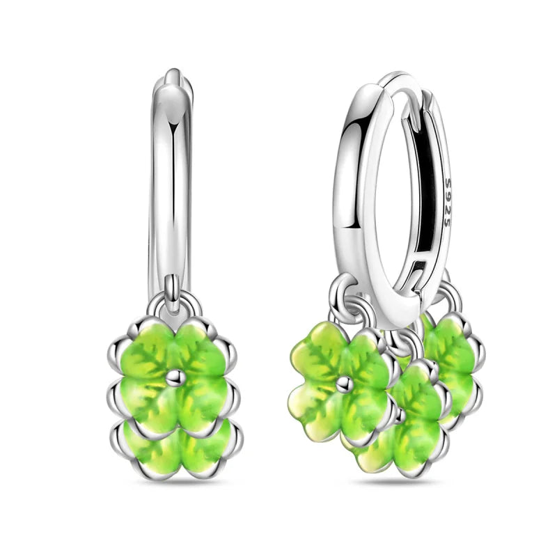Brinco de Prata 925 Série Verde Trevo da Sorte, Incrustado em Pedra, Adequado para Presentes de Casamento Feminino, Noivado, Festa de Aniversário