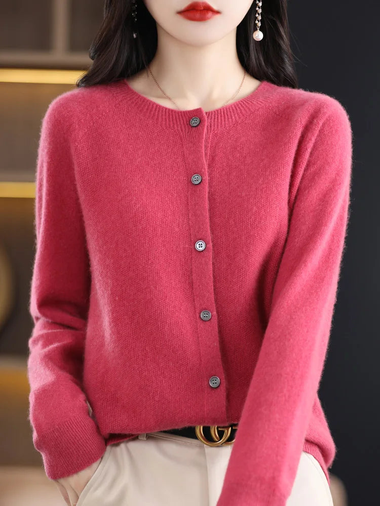 2024 Novo Cardigan Básico Chique Feminino Gola Redonda Suéter de Lã Merino Macio Roupa de Malha Elegante Casaco Primavera Outono Roupas Femininas Tops - Vermelho Shumei XXL