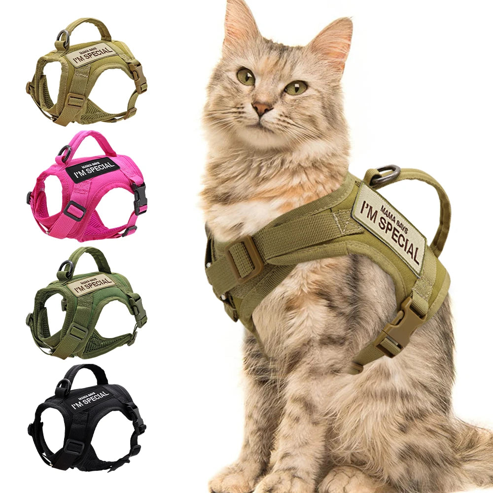 Colete de Arnês para Gatos de Nylon com 2 Adesivos Arnês Tático Militar para Gatos com Alça Cães Pequenos de Estimação Treinamento Caminhada Chihuahua