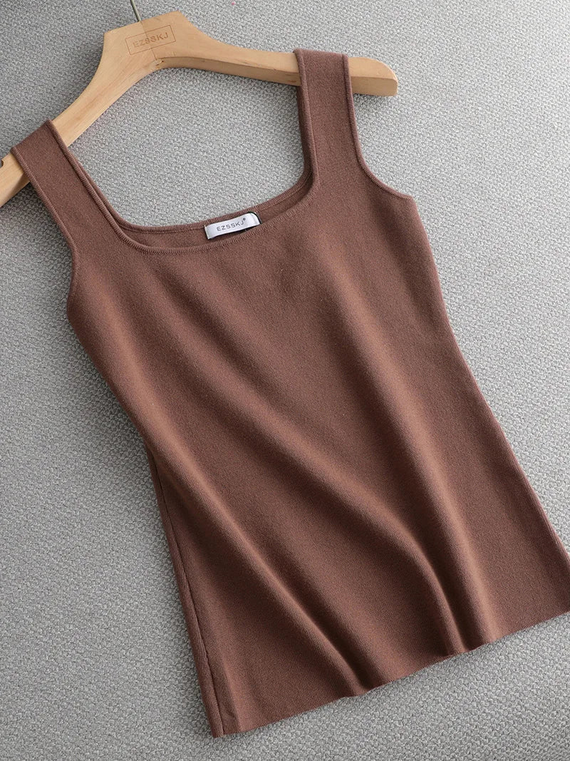 Regata de malha branca de verão com decote U de alta qualidade, chique, básica, feminina, sexy, camiseta sem mangas, top vintage, camiseta casual cropped