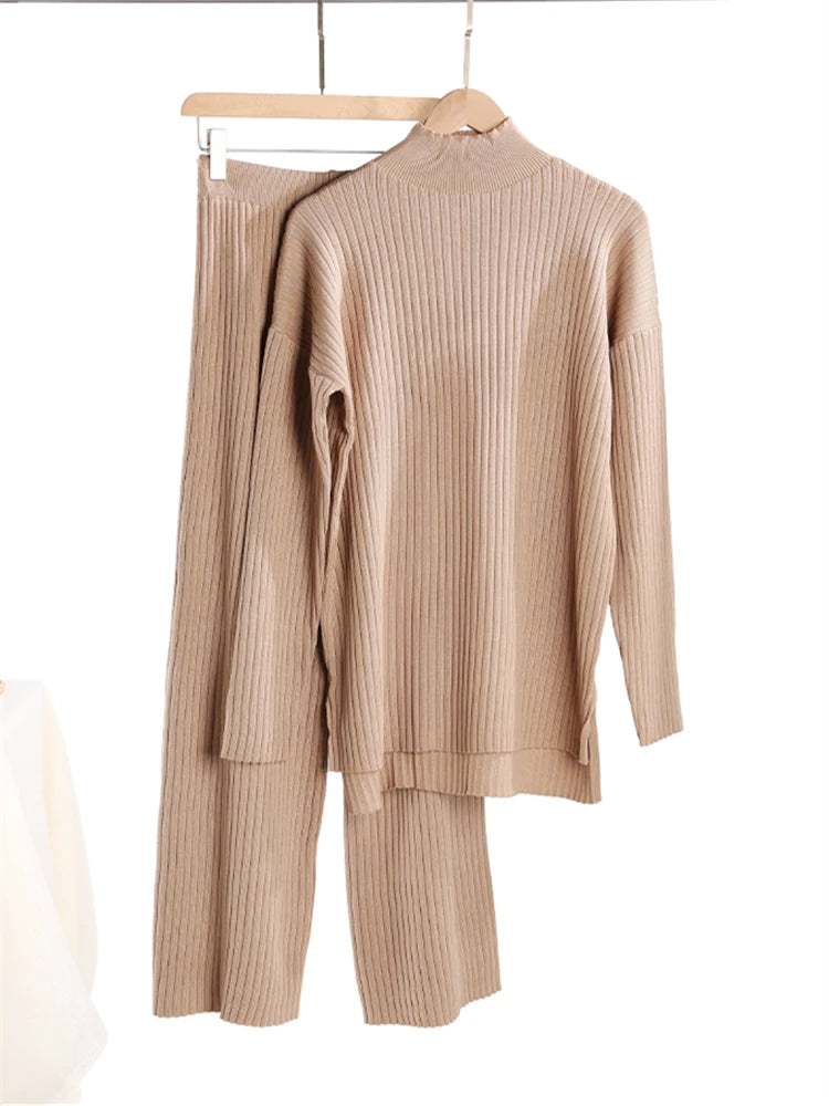 Conjuntos Femininos de Inverno Outono 2 Peças Agasalho de Malha Gola Rolê e Calça Jogger Reta