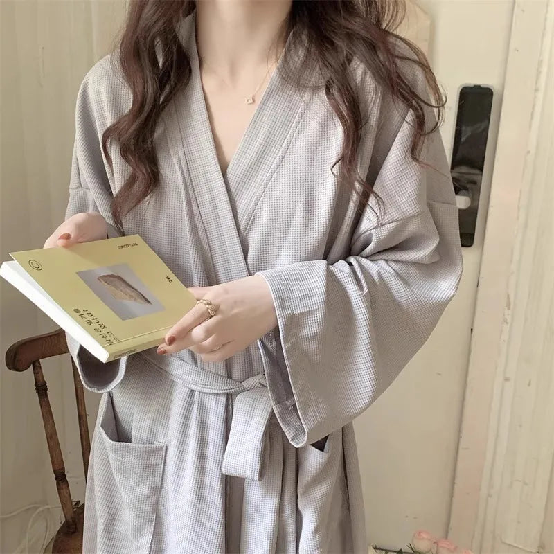 Robe luxuoso com textura Waffle: Robe feminino de manga longa, verão, roupa de dormir, camisola, roupa de dormir