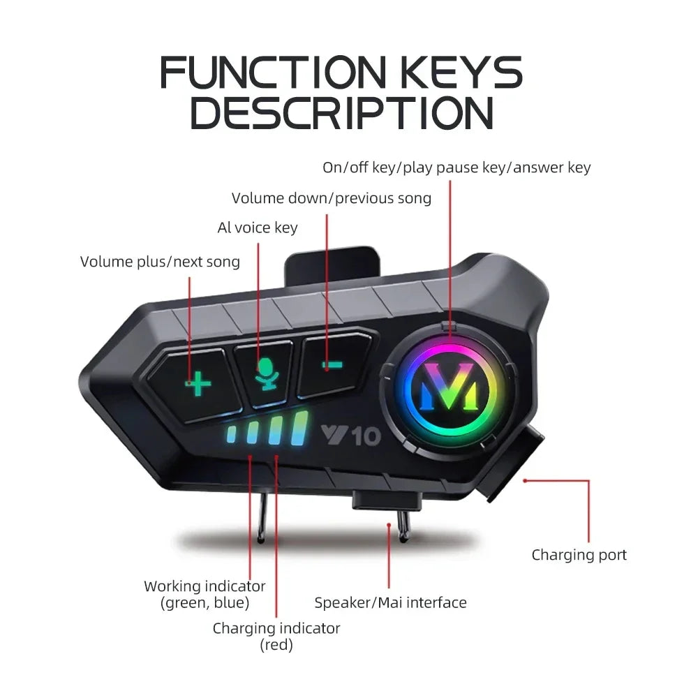 Y10 Fone de Ouvido Bluetooth 5.3 para Capacete de Moto com Luzes Coloridas Fone de Ouvido Sem Fio Impermeável Fone de Ouvido Mãos-Livres Impermeável