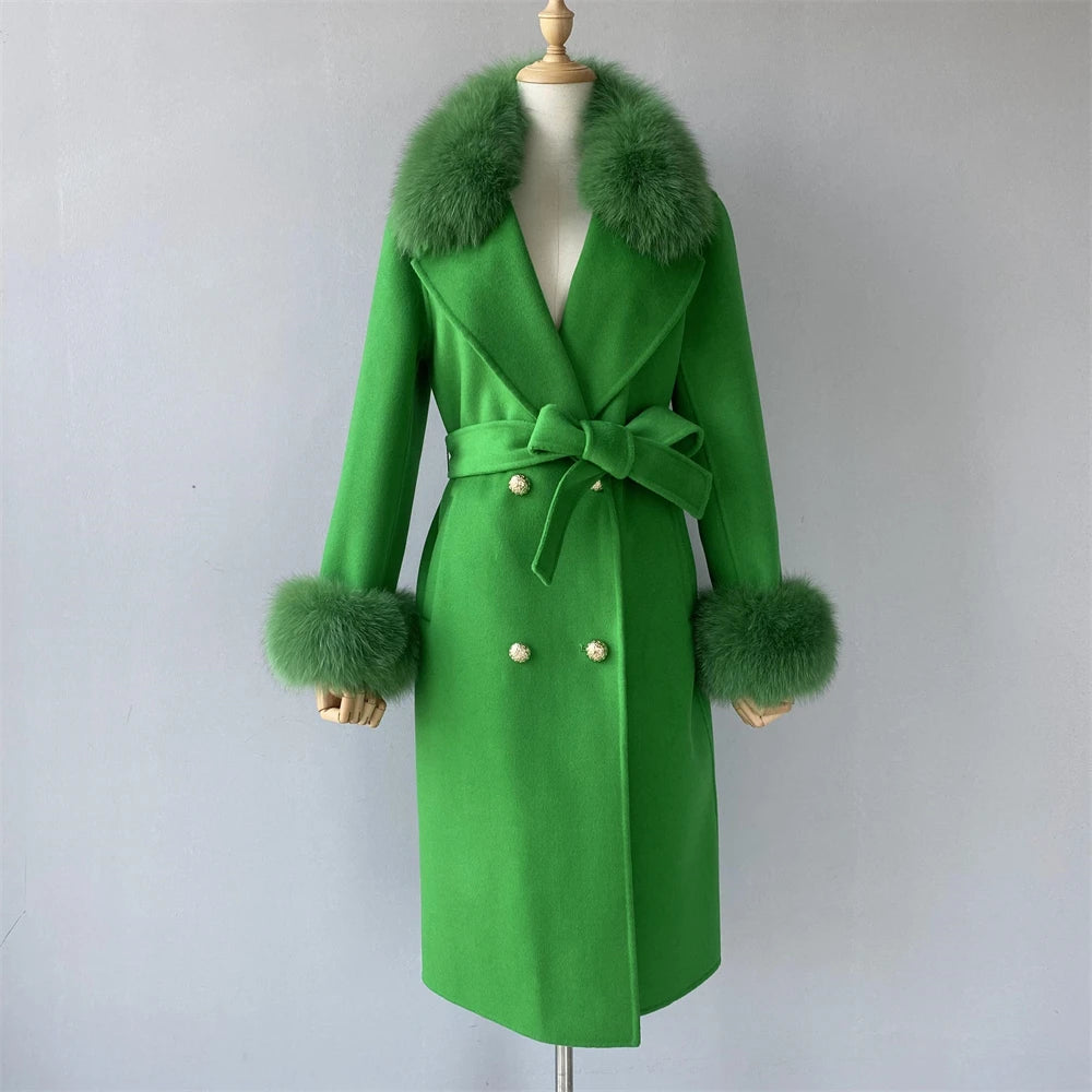 Jxwatcher Cashmere Lã Casaco Primavera Real Fox Colarinho Casaco de Lã de Trincheira Mulheres Inverno Casaco Quente Venda Longo Estilo Casacos de Lã