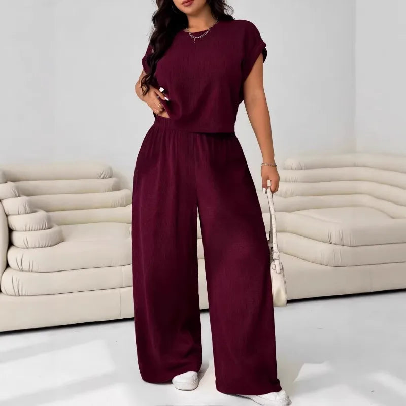 Women's Textured 2-Piece Loungewear Set Short Sleeve Top Wide Leg Pants
