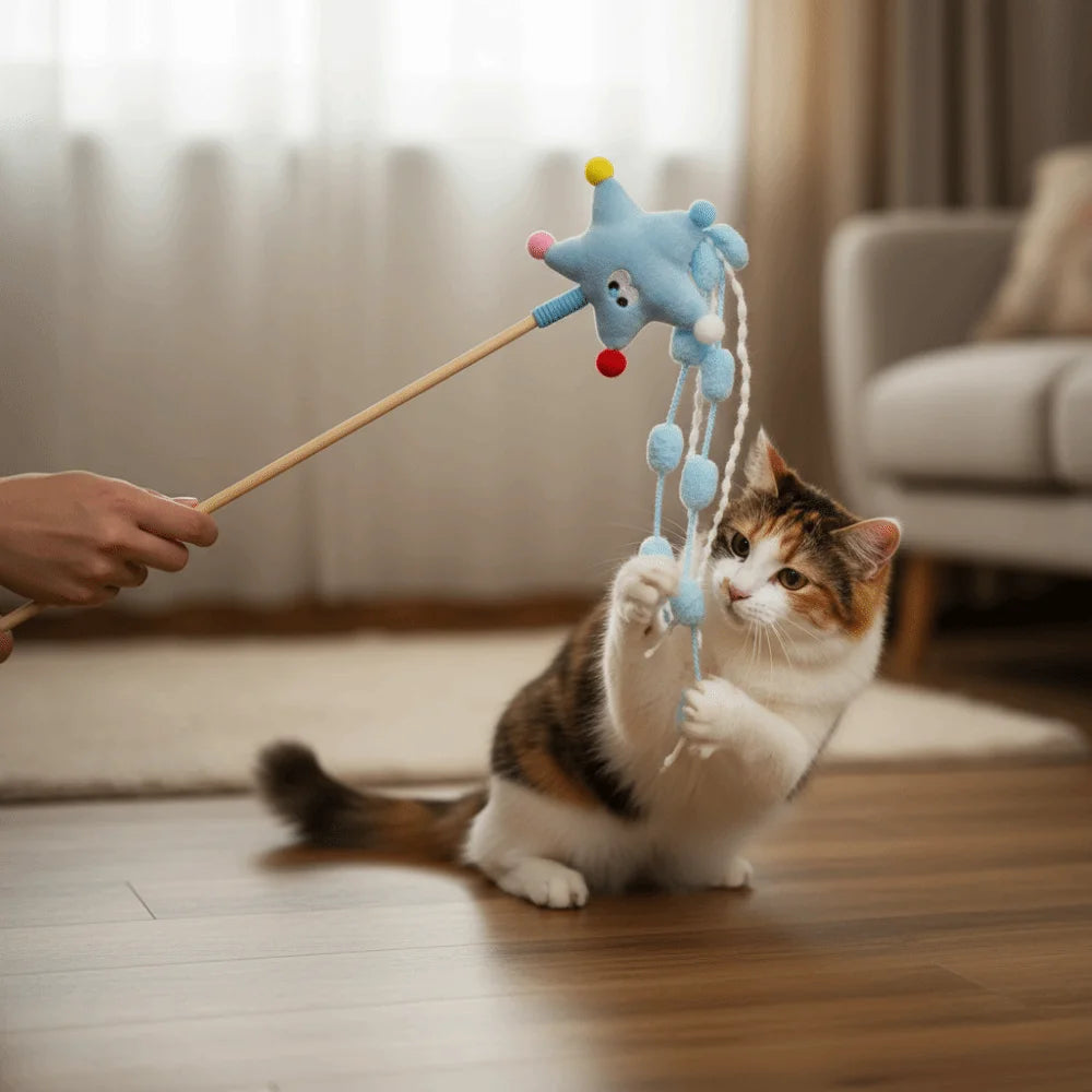 Engraçado Desenho Animado Estrelas Gato Varinha Moons Sonoro Gato Provocando Polo com Borlas Cabo Longo Pet Teaser Aliviando o Tédio