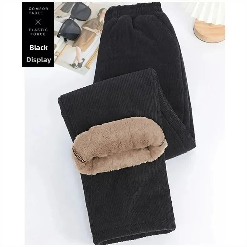 Calça Feminina Extra Grossa de Algodão Quente Forrada em Fleece, Cintura Alta, Calça de Inverno Grossa para Mulheres, Tamanhos Grandes, Calça Longa com Elástico na Cintura