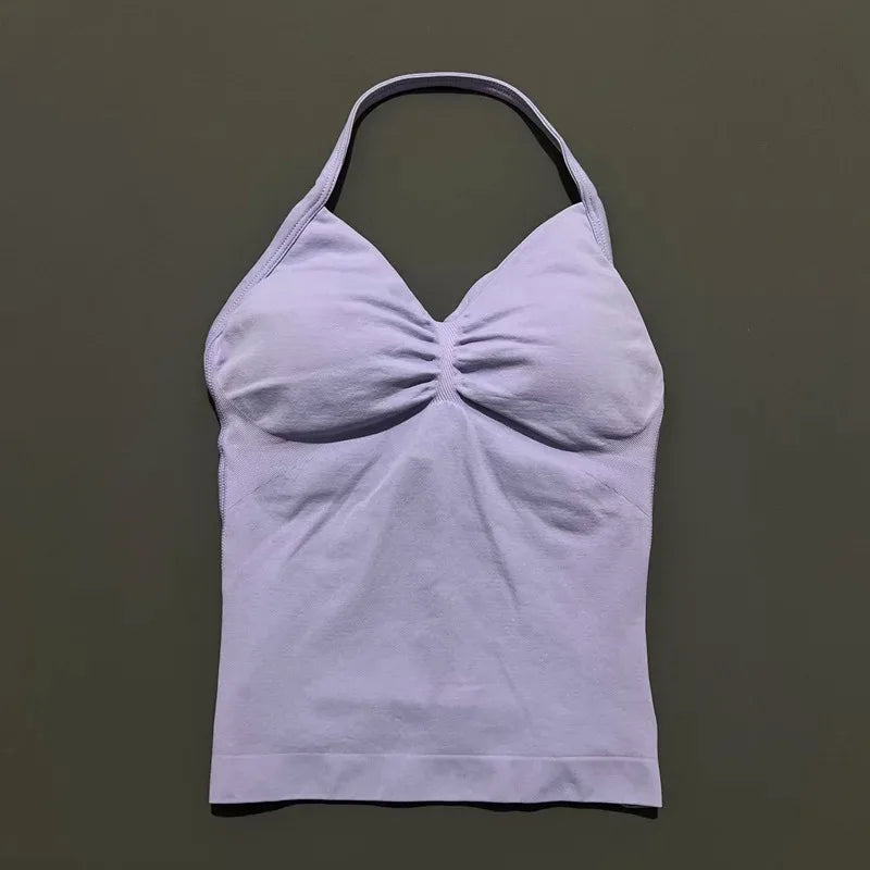 Conjuntos de Academia Femininos 2 Peças Impacto Sem Costura Fitness Yoga Roupa Esportiva Halter Top Shorts Roupa de Treino Corrida Roupa de Academia