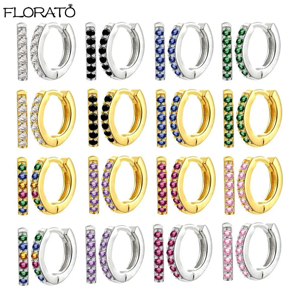 Brincos de Argola Pequenos de Prata 925 com Agulha de Cristal de 9mm para Mulheres Brincos Huggie Minimalistas Brincos de Piercing com Zircônia Colorida Joias