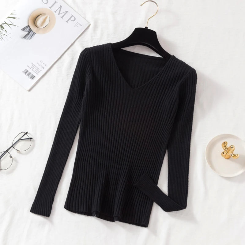 Outono Inverno Mulheres Suéteres Casuais Manga Longa Tricô Gola V Pulôver Suéter Feminino Básico Sólido Jersey Tops Roupas da Moda